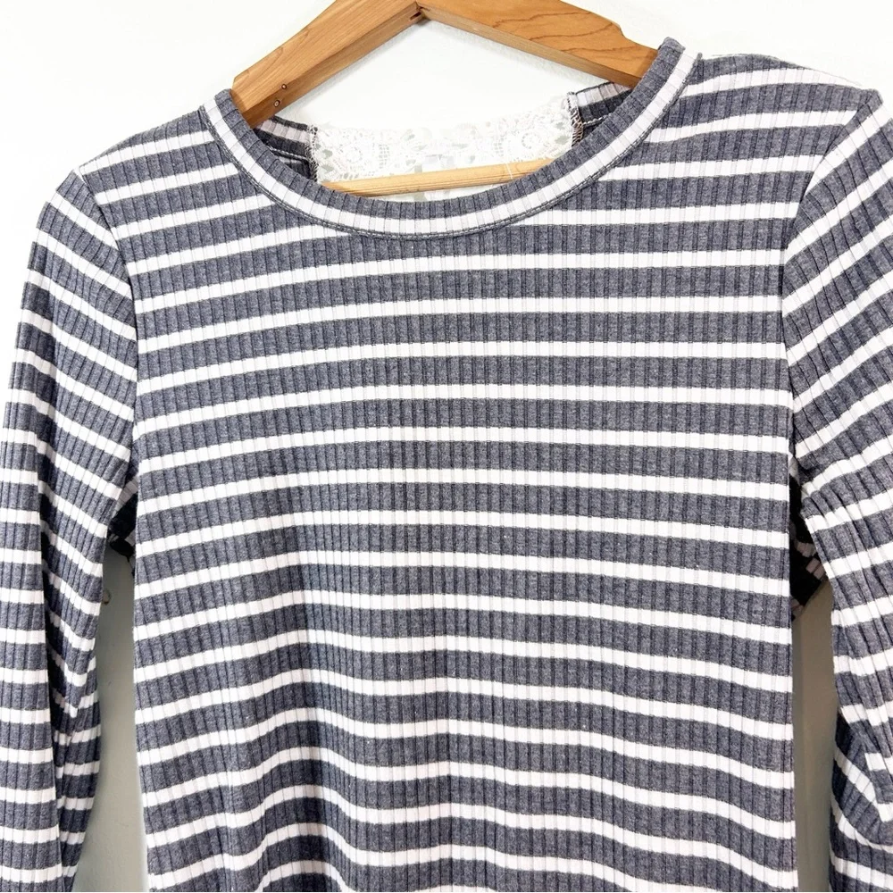 American Rag Cie Lace Up Tie Ribbed Blue White Stripe Long Sleeve Stretch Top L
